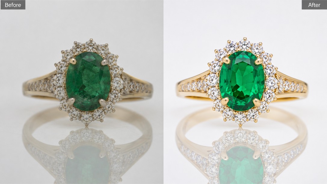 Emerald and diamond ring gemstone colour correction — professional jewellery post production and retouching by Uniqs Studio Delhi NCR