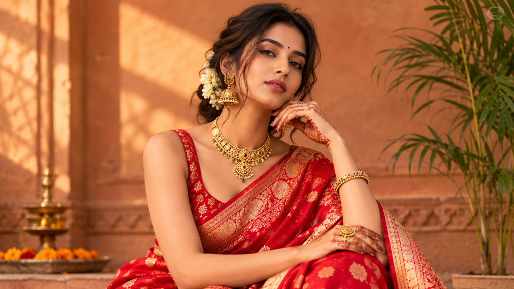 Ethnic Model Photography Portfolio shot — elegant Indian female model in traditional red and gold silk saree with statement gold jewellery, natural mehendi, poised confident stance against warm terracotta backdrop with soft golden hour lighting, editorial Indian fashion magazine aesthetic