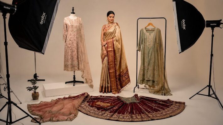 Saree photography for ecommerce studio setup with an Indian model in a beige and maroon silk saree between two large softboxes, a pink kurta set on a dress form, a sage green kurta on a hanger and a lehenga spread on the floor
