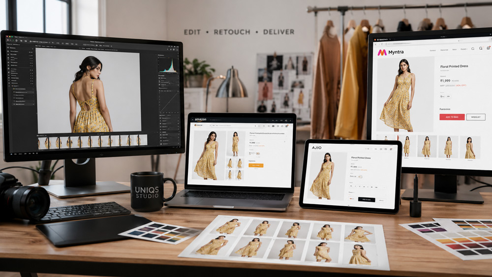 Retouched fashion campaign images displayed on multiple screens showing marketplace ready exports for Amazon Myntra and Ajio listings, professional post production delivery for D2C fashion brand