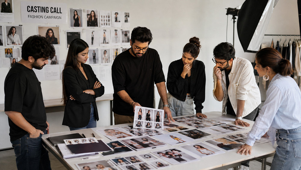 Fashion model casting call review with comp cards and portfolio prints spread across a table, art director selecting models for a commercial fashion campaign in Delhi studio