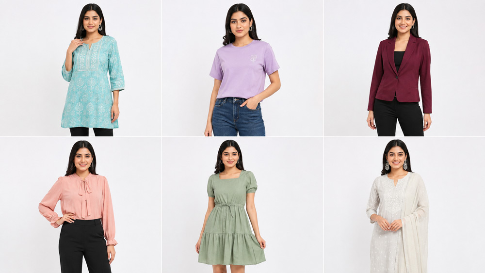 Grid of six clean catalogue fashion model photography photographs Indian model wearing different apparel pieces on pure white seamless background with consistent studio lighting front facing product focused poses ecommerce marketplace ready ultra sharp high resolution catalogue style Delhi NCR