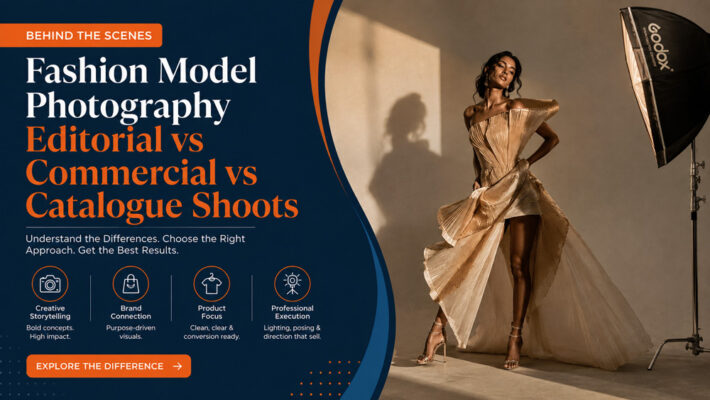 Fashion model photography editorial vs commercial vs catalogue shoots with Indian female model in couture studio setup