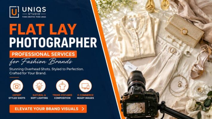 Behind-the-scenes overhead flat lay photography setup with neatly styled fashion garments, accessories, champagne gold props, and an ivory linen backdrop in a professional Indian e-commerce photography studio using soft natural window light.