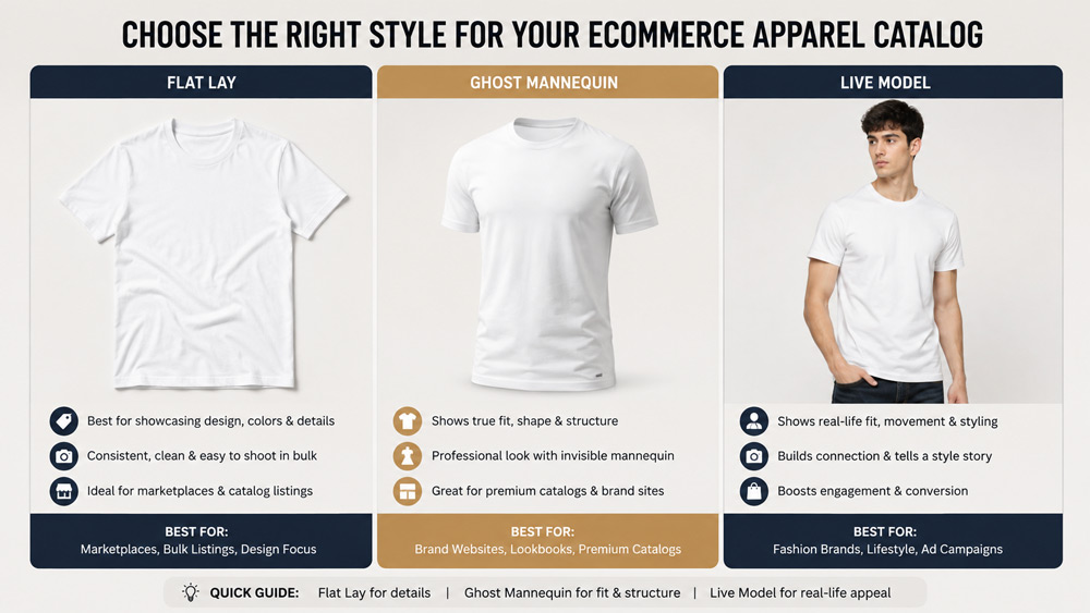Three column comparison graphic showing one white cotton t-shirt captured as flat lay ghost mannequin invisible torso effect and live model wear for ecommerce apparel catalog decision-making guide
