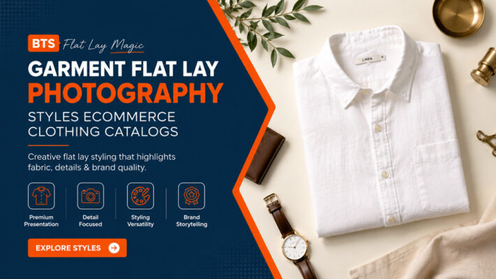 Garment flat lay photography of a folded white linen shirt with leather watch and brass accessories on an ivory background