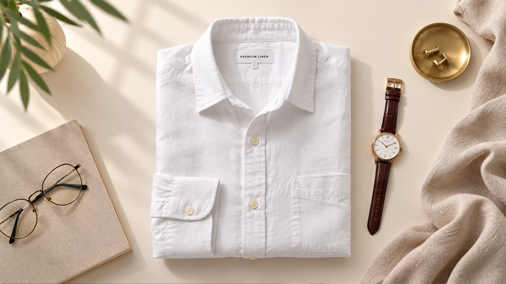 Overhead top-down shot of a beautifully folded white linen shirt on soft ivory background styled with leather watch and brass accents for premium ecommerce clothing catalog garment flat lay photography