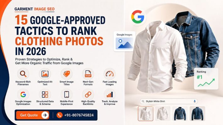 Garment Image SEO editorial hero showing a floating white shirt and denim jacket on invisible ghost