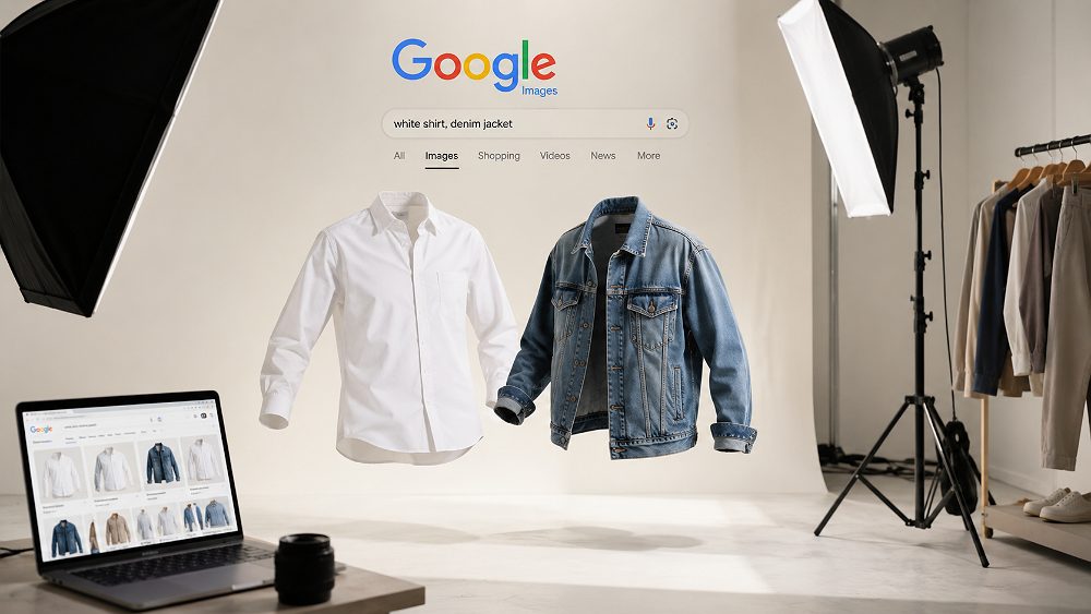 Behind the scenes of garment Image SEO editorial hero showing a floating white shirt and denim jacket on invisible ghost