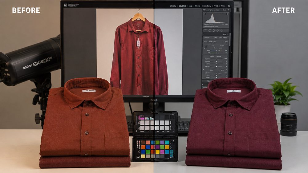 Behind the scenes of colour correction comparison for clothing photography showing before and after fabric colour