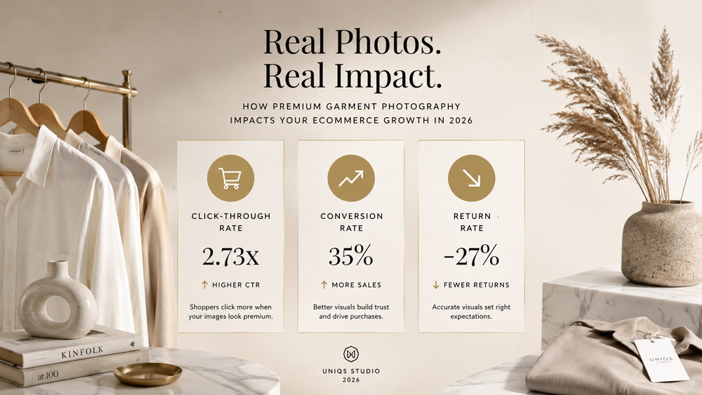 Infographic-style ecommerce apparel merchandising visualisation showing how garment photography quality impacts click-through rate, conversion rate and return rate for Indian D2C fashion brands in 2026