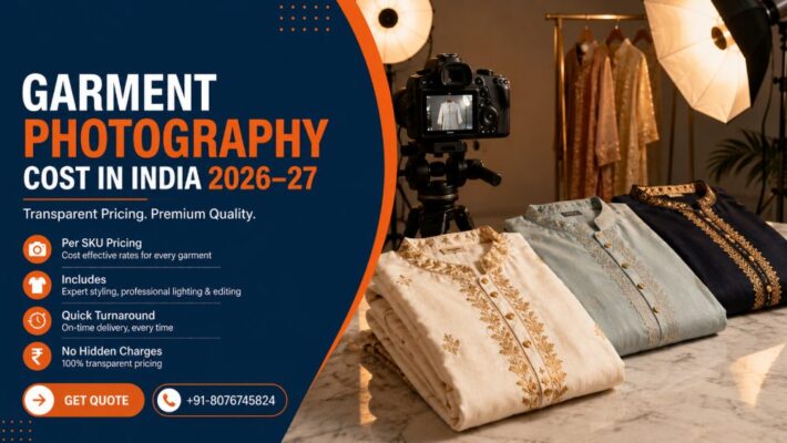 Editorial fashion photography setup inside a premium Indian studio showcasing folded garments on marble