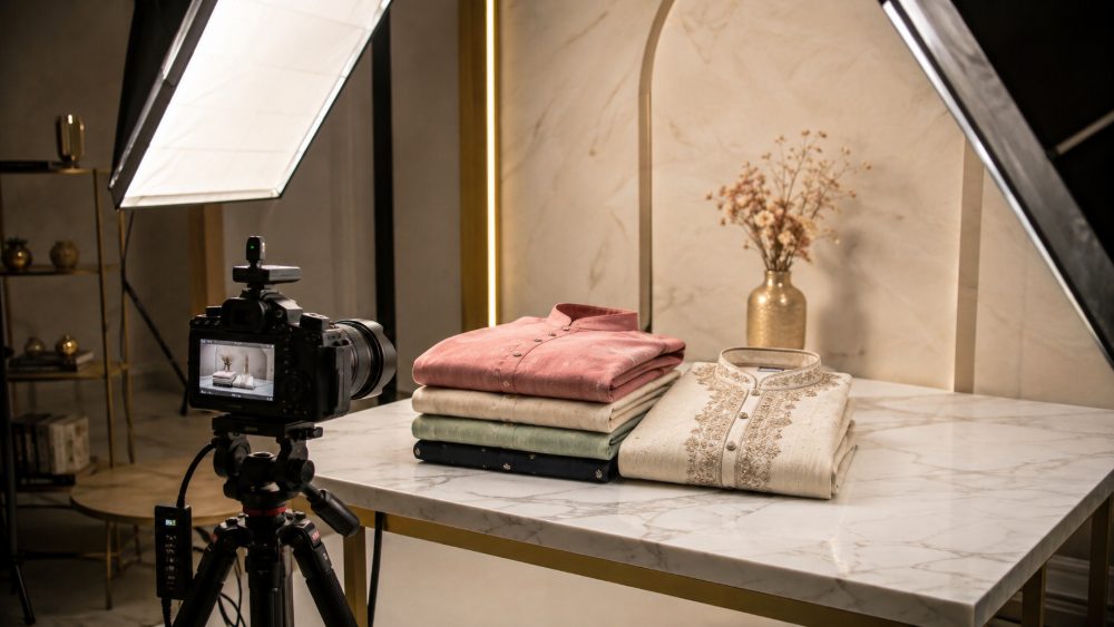 Behind the scenes of editorial fashion photography setup inside a premium Indian studio showcasing folded garments on