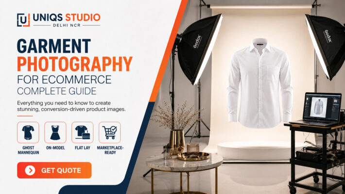 Editorial garment photography studio setup at Uniqs Studio Delhi NCR showing a crisp white cotton shirt on invisible ghost mannequin form under twin softboxes with tethered laptop workstation and champagne-gold styling props on ivory backdrop for ecommerce catalogue shoot