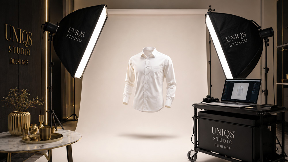 Editorial garment photography studio setup showing a crisp white cotton shirt on invisible ghost mannequin form under twin softboxes with tethered laptop workstation and champagne-gold styling props on ivory backdrop for ecommerce catalogue shoot
