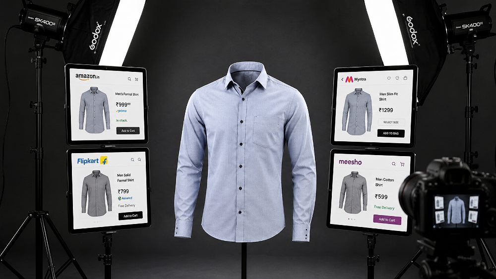 Behind the scenes of garment photography for online marketplaces setup at Uniqs Studio Delhi NCR showing a ghost