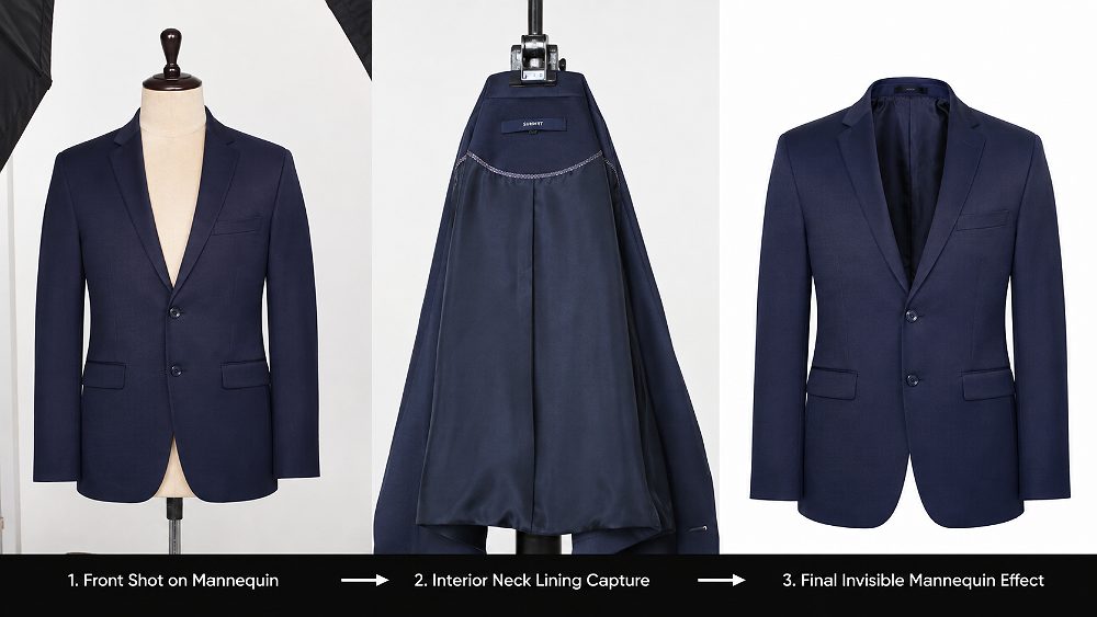 Behind the scenes of ghost mannequin editing process for navy blue blazer apparel showing three panel workflow with front