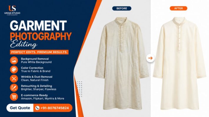 Professional garment photography editing workflow showing before and after retouched ivory silk kurta