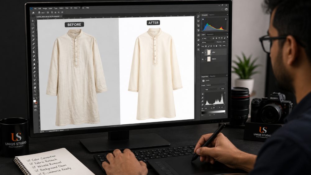 Behind the scenes of professional garment photography editing workflow showing before and after retouched ivory silk kurta