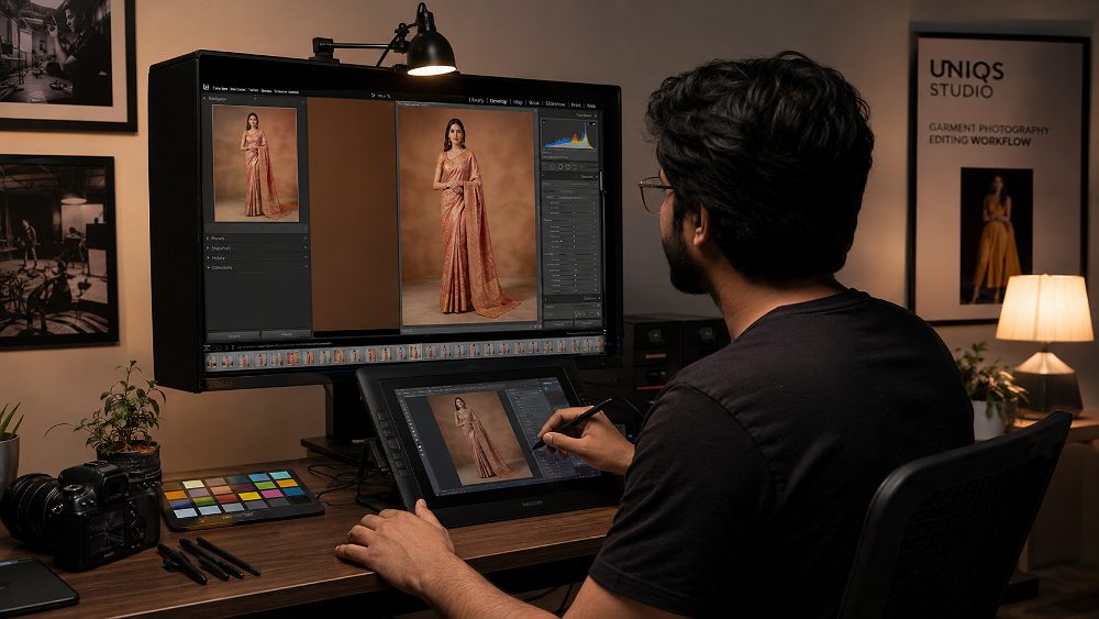 Behind the scenes of professional garment photography editing workstation with colour calibrated monitor displaying Adobe