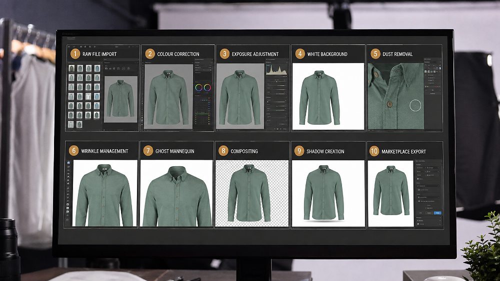 Behind the scenes of ten step garment photography editing workflow showing numbered stages from RAW file import colour