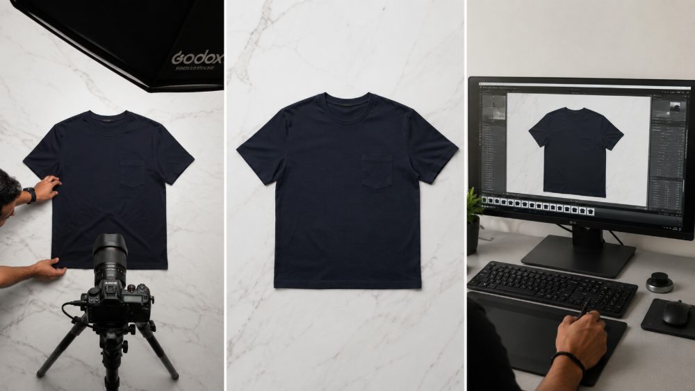 Behind the scenes of three panel horizontal comparison showing flat lay t-shirt on white marble