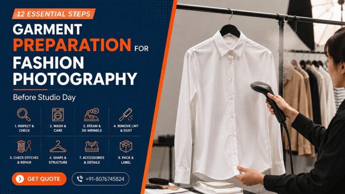 Garment preparation for fashion photography scene with a stylist steaming a crisp white cotton shirt