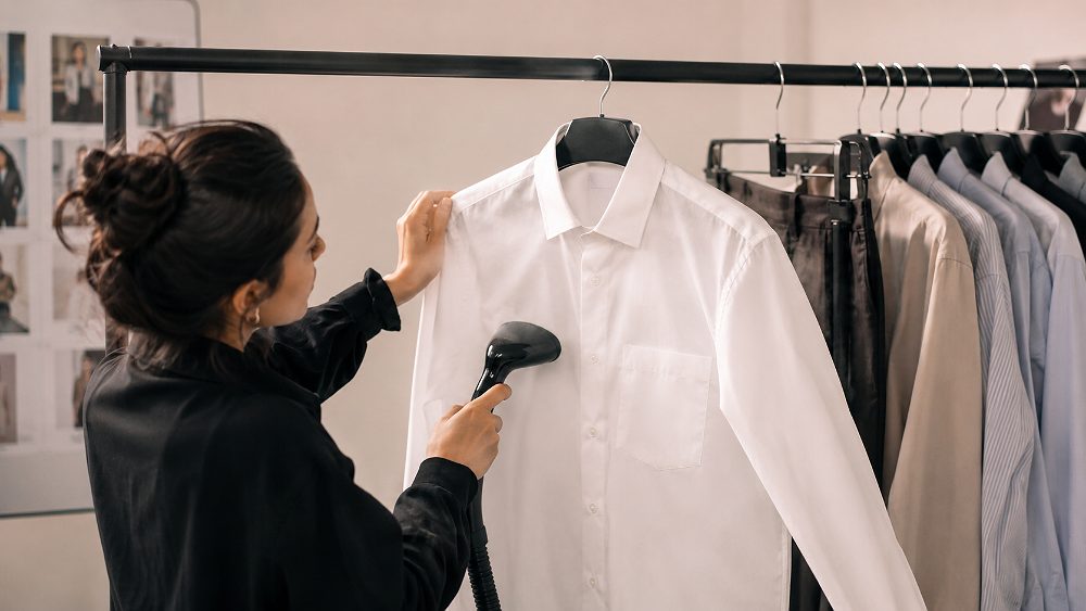 Behind the scenes of garment preparation for fashion photography scene with a stylist steaming a crisp white cotton shirt