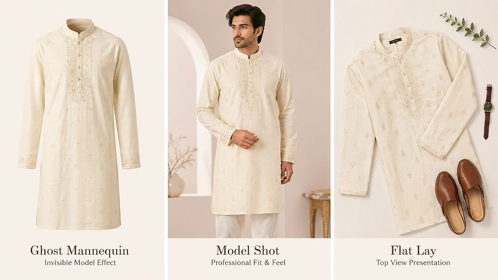 Behind the scenes of editorial three panel comparison image on ivory background left panel floating ghost mannequin kurta
