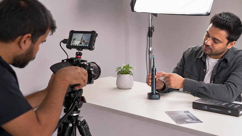 Behind the scenes of professional hands-on product demo video showing a person operating a premium ecommerce product on a