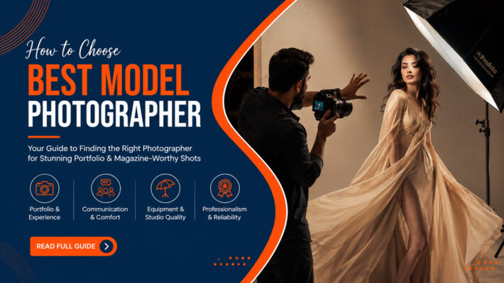 Professional Indian model photographer directing a female fashion model in a premium studio with cinematic softbox lighting