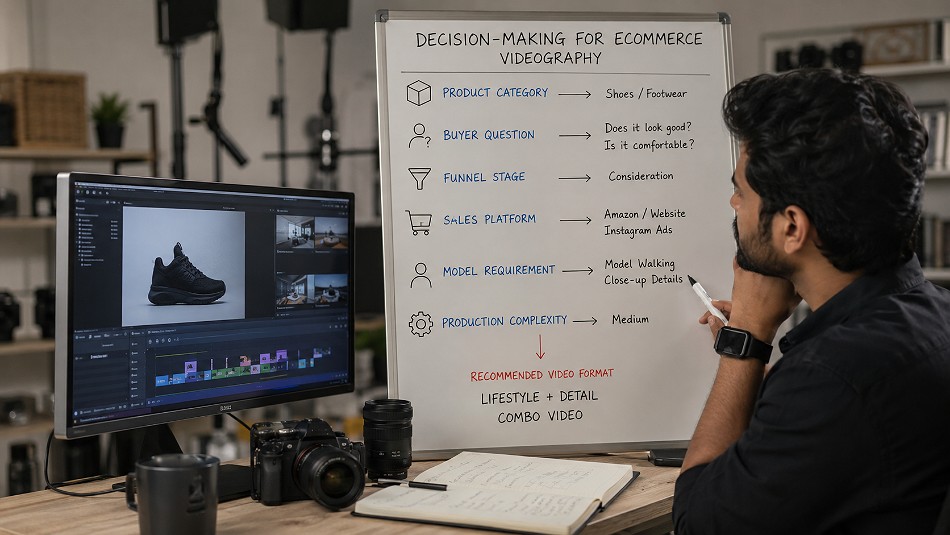 Behind the scenes of decision-making for ecommerce videography showing product category, buyer question, funnel stage,