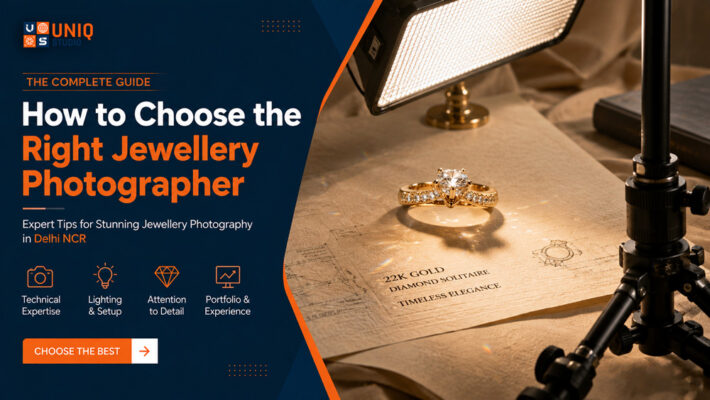 Split infographic showing how to choose the right jewellery photographer with a behind-the-scenes macro jewellery photography setup featuring a 22K gold diamond solitaire ring, professional lighting, and studio equipment.