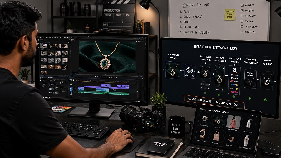 Hybrid ecommerce content workflow showing colour-accurate real product footage on a professional editing monitor connected to a camera master library, with approved clips branching into AI-assisted background variations, vertical social edits, marketplace exports, captions and motion-graphics versions while the original product appearance stays unchanged, indian standard ecommerce photography & videography studio