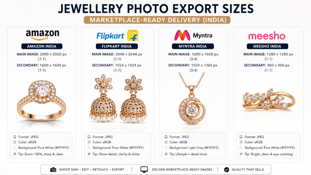 Jewellery photo export sizes for Amazon Flipkart Myntra Meesho India — marketplace-ready delivery by Uniqs Studio