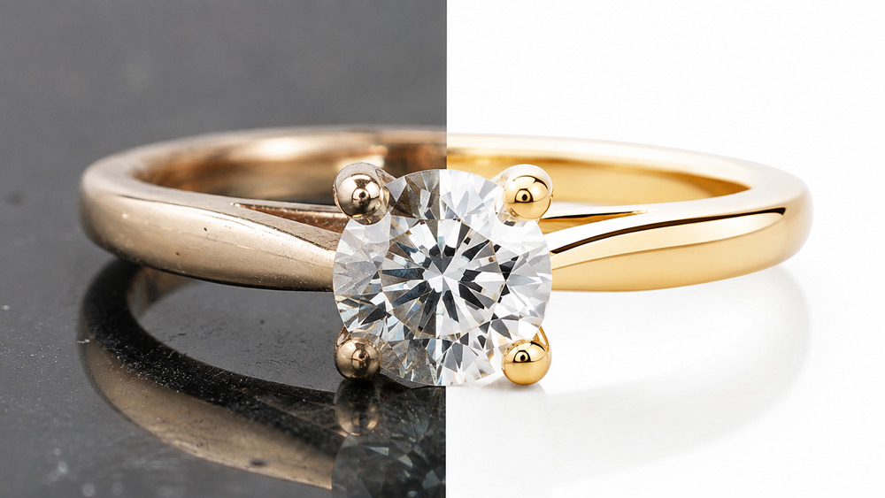 Cinematic split-frame macro of a diamond solitaire ring, left half raw with dust and dull reflections, right half retouched with brilliant diamond on pure white background — jewellery post production by Uniqs Studio Delhi NCR