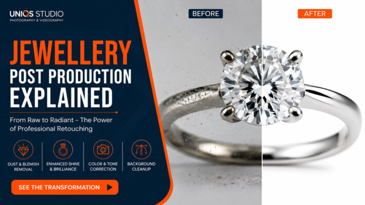 Jewellery post production explained with before and after diamond solitaire ring retouching