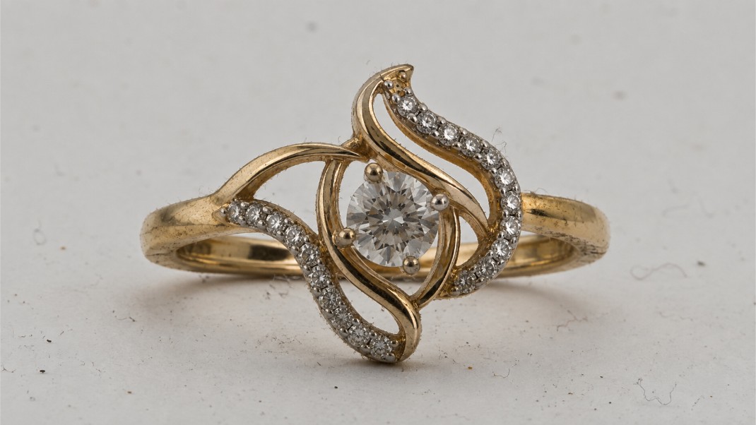 Raw unedited jewellery photograph with visible dust particles uneven metal reflections and warm colour cast before Uniqs Studio retouching