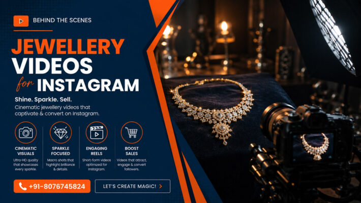 Behind-the-scenes luxury gold and diamond necklace video shoot with professional studio lighting for Instagram jewellery reels in a split infographic design.