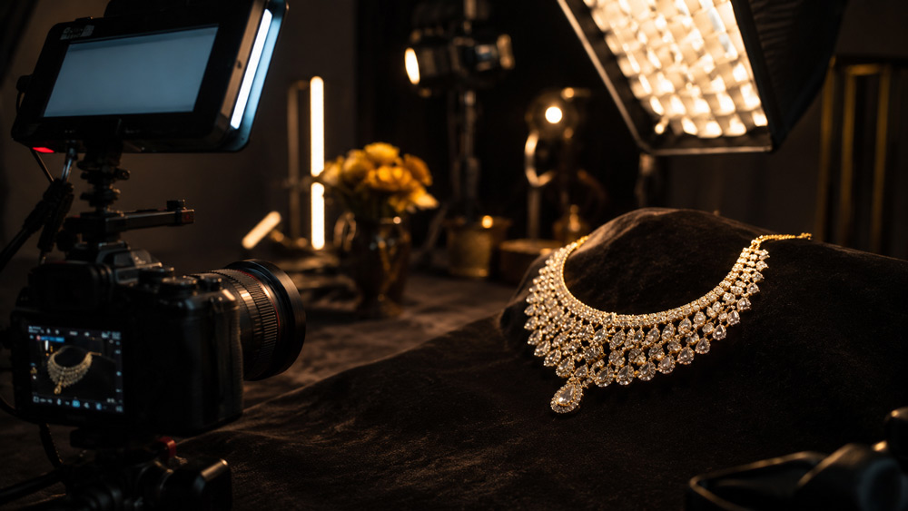Extreme macro shot of a solitaire diamond ring with intense sparkle refraction, rainbow prism light flares across facets, jet black background, single strong side light, ultra-shallow depth of field, luxury jewellery advertising aesthetic — jewellery videos for Instagram macro capture at Uniqs Studio