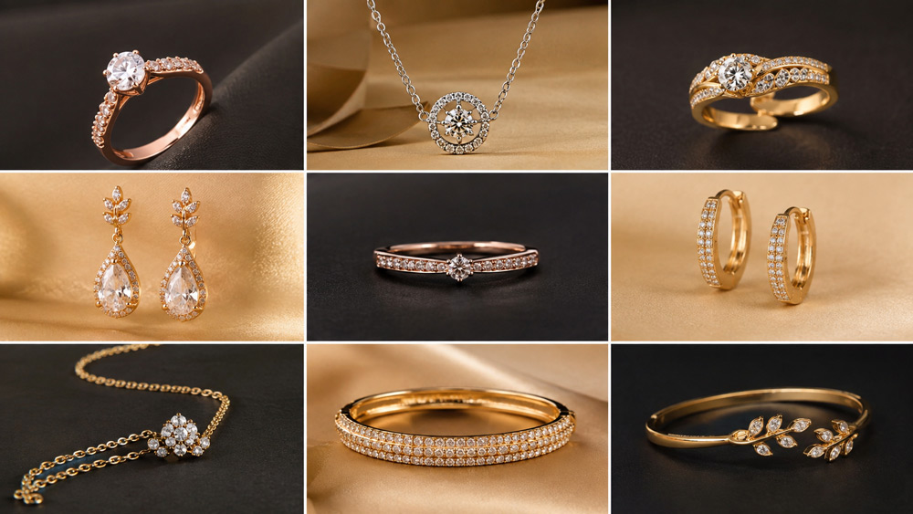 Luxury 360 jewellery photography grid showing rings necklaces earrings and bangles on champagne gold and black backgrounds for ecommerce marketplace listings