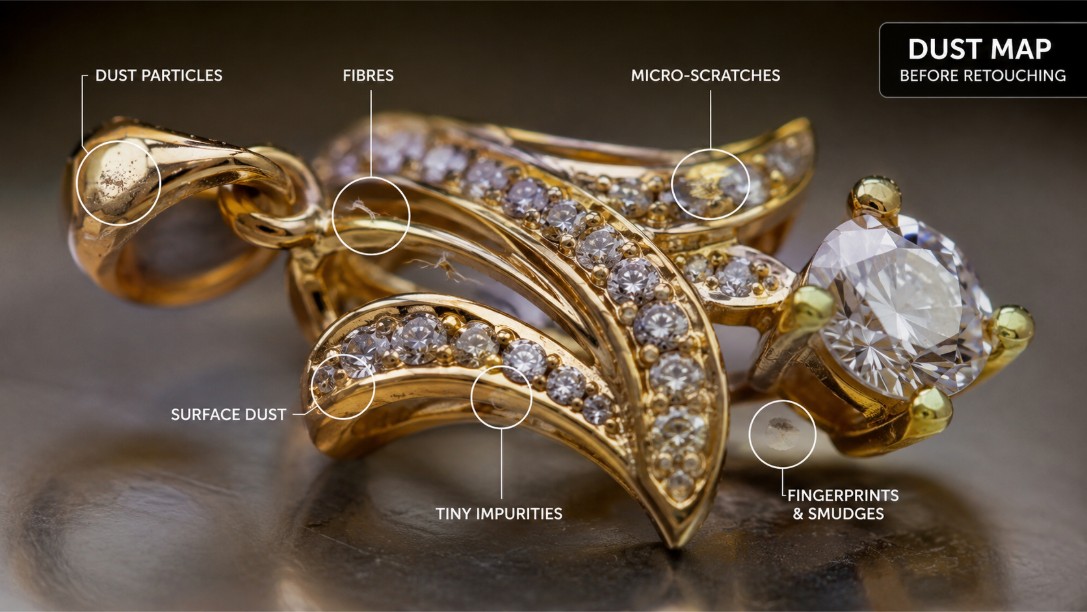 Macro dust map on unedited gold jewellery photo showing dust particles fibres and micro-scratches before professional retouching by Uniqs Studio