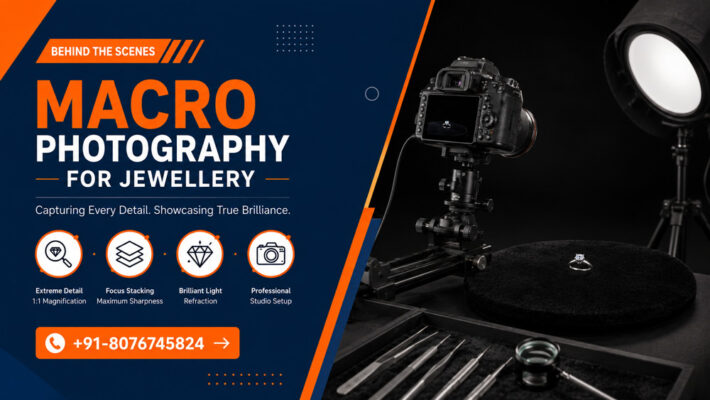Behind-the-scenes macro photography setup capturing a platinum diamond solitaire engagement ring with focus stacking, professional camera, studio lighting, and black velvet surface for high-end jewellery photography.