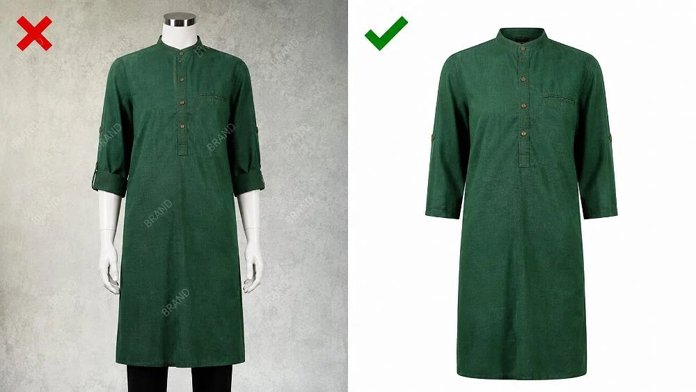 Side-by-side comparison of a bottle green men's kurta on a mannequin, the left frame shot on a dull grey background with uneven light marked with a red cross and the right frame on a clean white background marked with a green tick