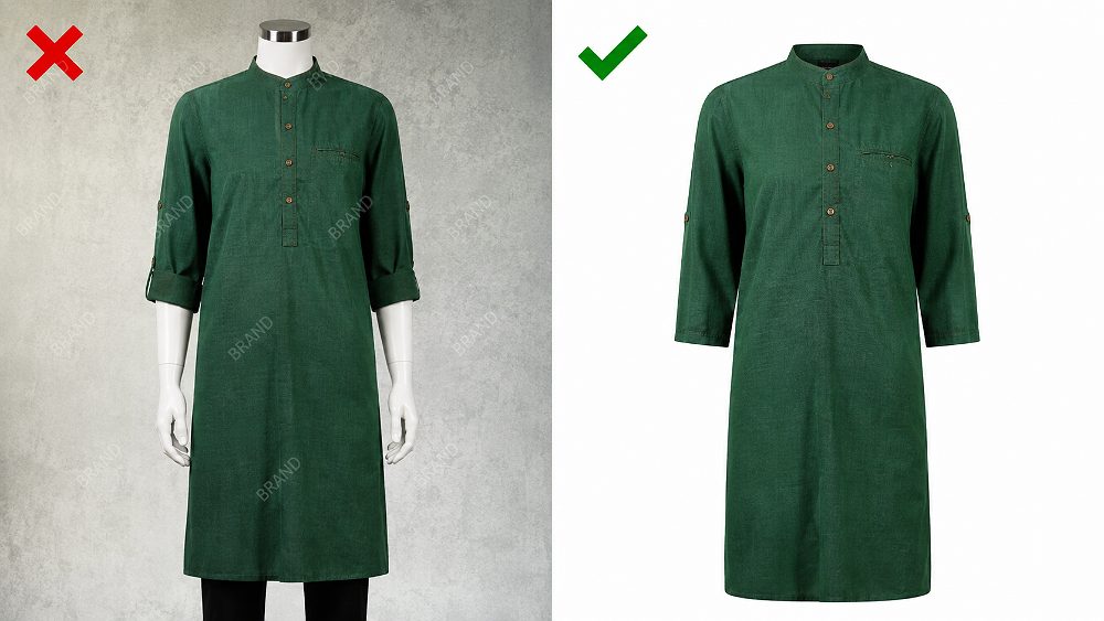 Behind the scenes of split screen comparison image showing rejected apparel photo on left with red X featuring non white