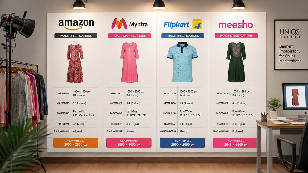 Behind the scenes of marketplace image specifications comparison showing Amazon Myntra Flipkart and Meesho apparel