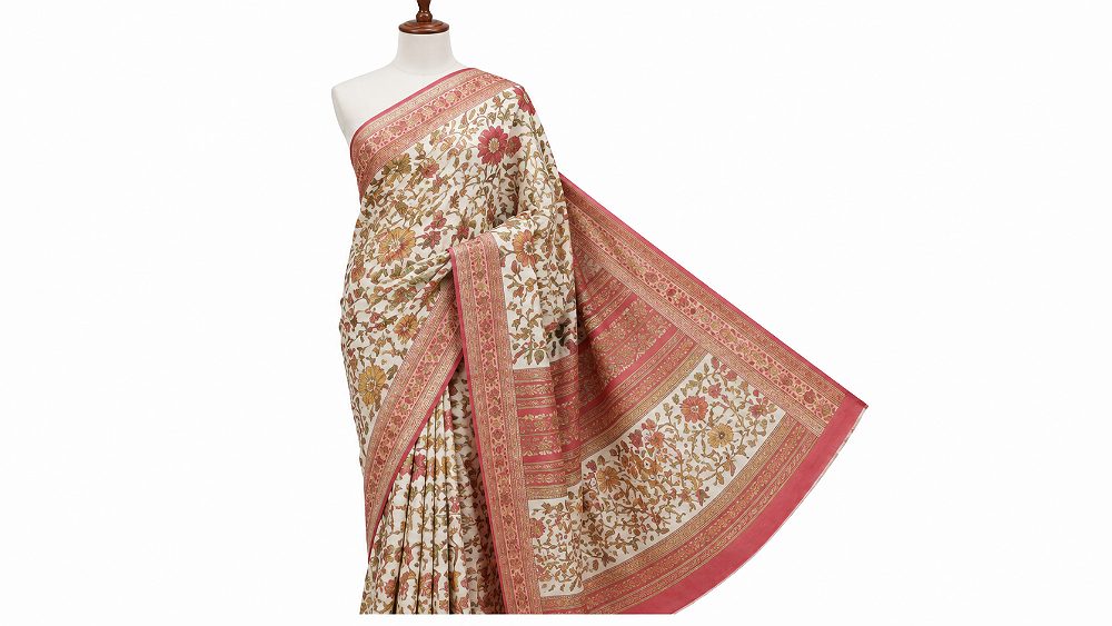 Behind the scenes of meesho catalog style apparel photography printed cotton saree draped on ghost mannequin torso