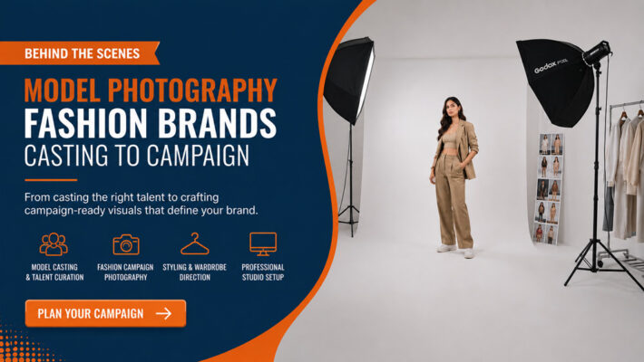 Behind the scenes model photography for fashion brands showing a professional studio campaign photoshoot with model, lighting equipment, styling and wardrobe setup