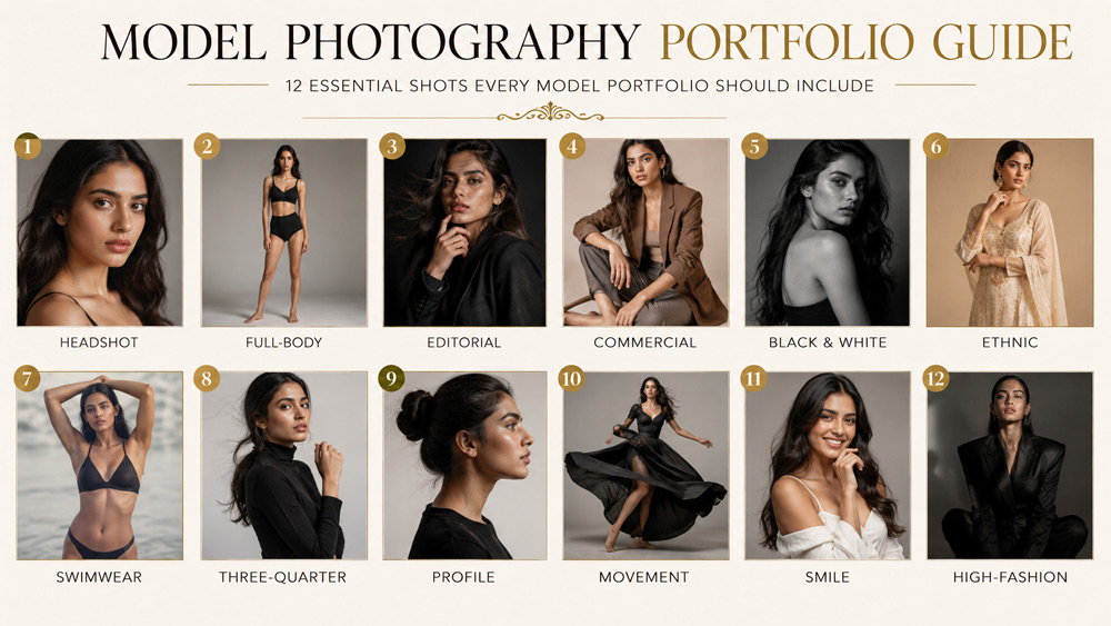 Model Photography Portfolio infographic layout — 12 numbered thumbnails showing headshot, full-body, editorial, commercial, black and white, ethnic, swimwear, three-quarter, profile, movement, smile and high-fashion shots in editorial serif magazine layout with champagne gold accents on ivory background