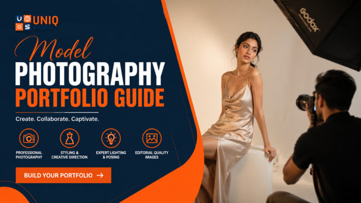 Model photography portfolio guide featuring an Indian female model in an editorial silk dress during a professional studio photoshoot